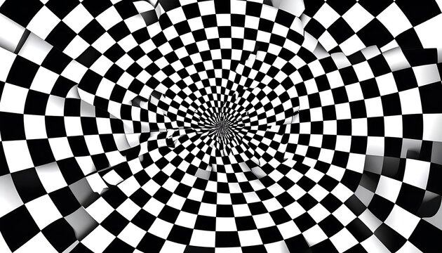 Checkered, warped, radial pattern.  A black and white checkered pattern is distorted into a swirling, tunnel-like effect.  Perspective creates an illusion of depth