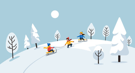 Children sledding on snowy hill in winter wonderland with evergreen trees. Vector illustration