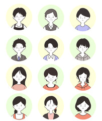 背景透過の男女キャラクターアイコンセット。若者から中年まで、さまざまな表情の人物をシンプルな線画スタイルで表現｜男女、若者、中年、背景透過、顔アイコン