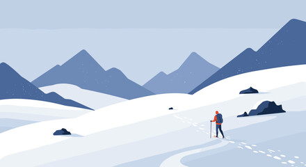 Male hiker in snowy mountain landscape with blue skies. Vector illustration