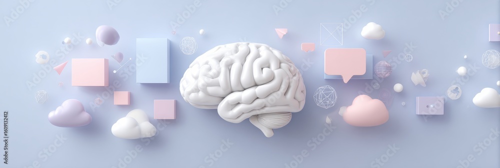 Poster innovative representation of a human brain with floating thought bubbles and icons in a minimal past
