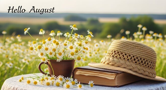 Hello August. Beautiful composition featuring chamomile flowers in a cup, an old book, and a braided hat in the garden. Chamomile in sunlight against a rural landscape background. The summertime seaso