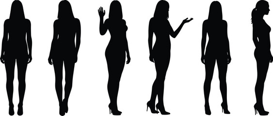 Silhouettes of women standing, female figures in various poses, black female profile vector, fashion outline, stylish woman silhouettes, woman body shape illustration