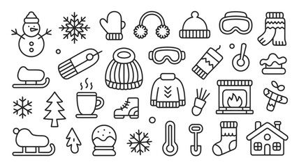 Obraz premium Winter Holiday Icons Set Black and White Line Art Snowflakes Snowman Sled Boots Hat Mittens Sweater