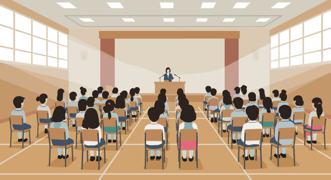 School assembly with diverse children and female teacher in auditorium. Vector illustration