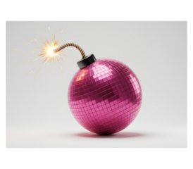 A vibrant pink disco ball transformed into a sparkling fuse bomb—ready to ignite the ultimate party! A surreal mix of glam, danger, and celebration in one explosive concept.