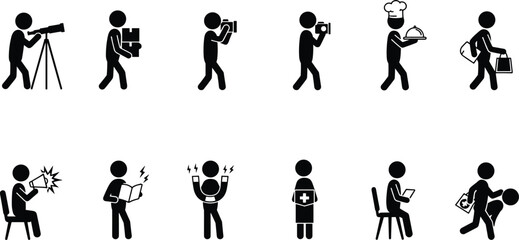 Stickman profession and activity icon set, scientist, photographer, chef, doctor, reader, speaker, worker, shopping, tablet user, flat vector illustration symbol collection