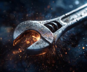 Close-up of a wrench with glowing sparks