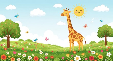 Cute Cartoon Giraffe in Spring Meadow Childrens Wallpaper