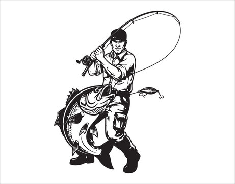 fisherman holding fish, black and white clip art preview