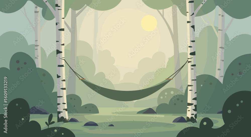 Poster tranquil forest scene with hammock between birch trees under soft sunlight. vector illustration