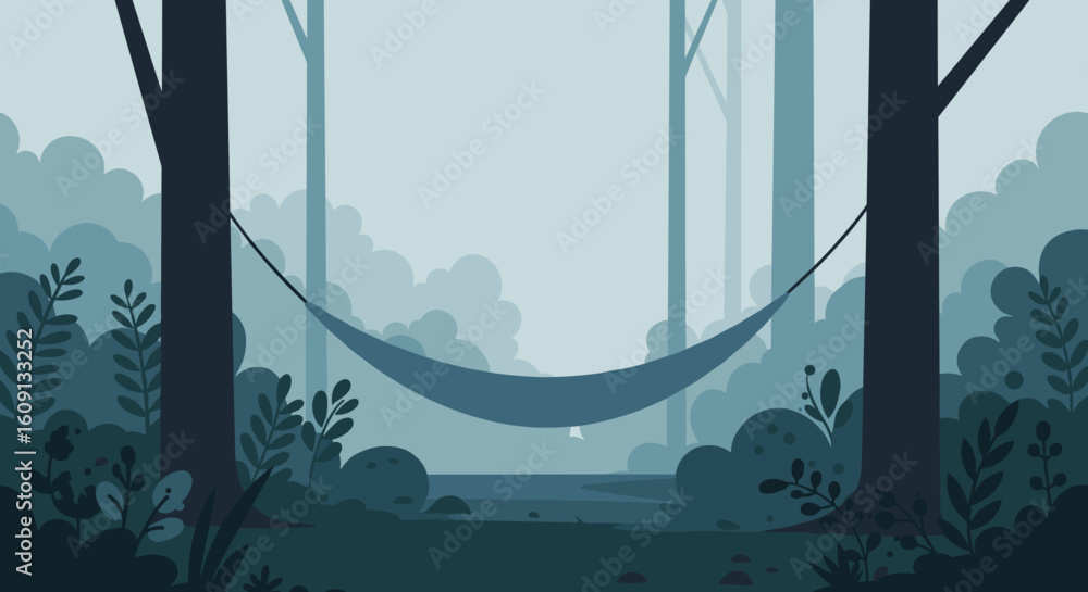 Poster serene forest with empty hammock in a tranquil woodland setting. vector illustration