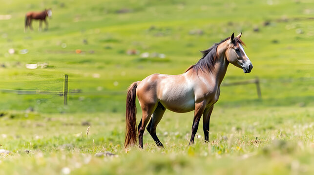 Equino majestuoso parado en el suelo del campo, claro, campo, verde