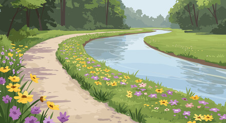 Obraz premium Serene river pathway with colorful wildflowers in a tranquil forest setting. Vector illustration