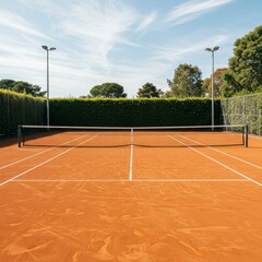 Fototapeta premium Clay Tennis Court with Net Under Blue Sky