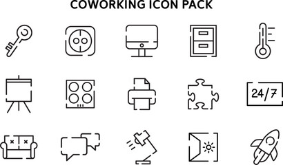 Coworking Office Outline Icon Set Representing Modern Tools and Workspaces