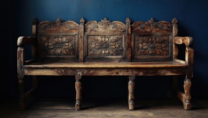 Ornate wooden bench with carved floral details against a dark blue wall