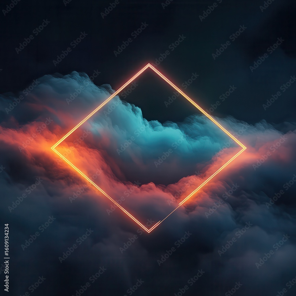 Poster 3d rendering, abstract futuristic background with neon geometric shape and stormy cloud on night sky