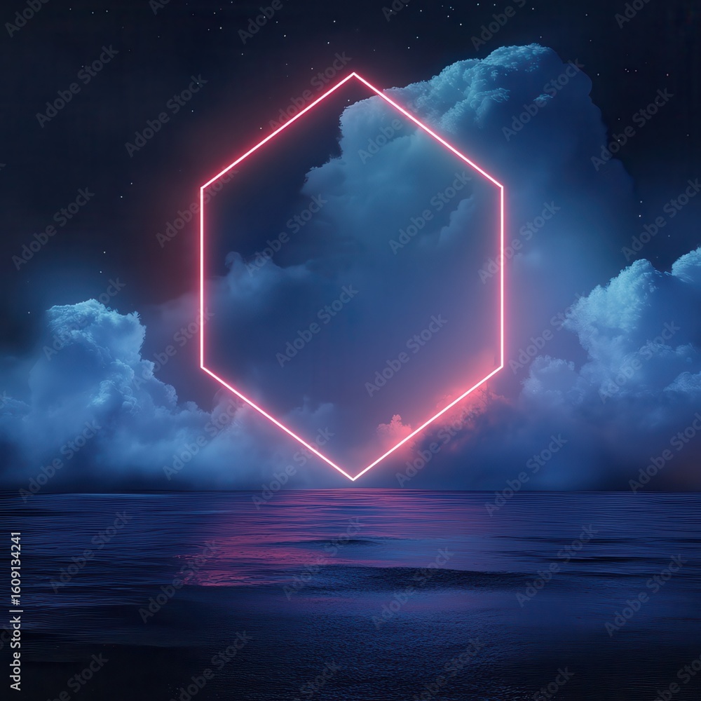 Poster 3d rendering, abstract futuristic background with neon geometric shape and stormy cloud on night sky