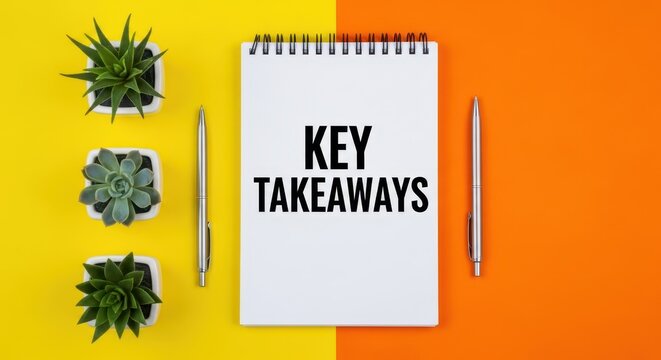 Key Takeaways Notebook Flatlay: Yellow Orange Background, Succulents, Pens