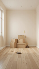 empty room with stacked moving boxes and broom, concept of relocation, new home moving, cleaning, and real estate transition