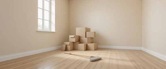 empty room with stacked moving boxes and broom, concept of relocation, new home moving, cleaning, and real estate transition