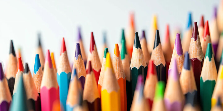 Close-up macro photograph of sharpened multicolored colored pencil tips arranged tightly with vibrant pigments and soft lighting, showcasing texture and symmetry for creative and education visuals