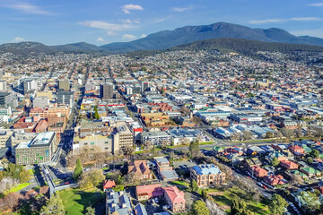Aerial view of the city of Hobart and Mt Wellington in Tasmania, Australia