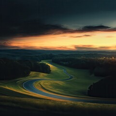Wide race track and green woods nature landscape at sunset --profile 773ghdn.