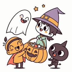 Cute Halloween Cartoon Illustration with Witch, Ghost, Pumpkin and Autumn Leaves – Kawaii Style for Kids