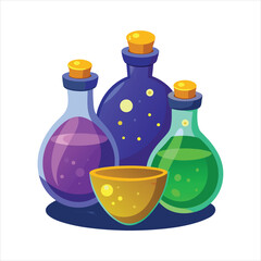 Collection of colorful glass bottles filled with glowing magical potions and a golden bowl, presented on a white background