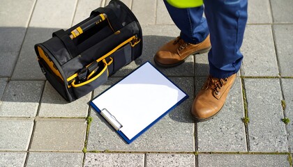 Worker's Feet and Tools on Paved Ground