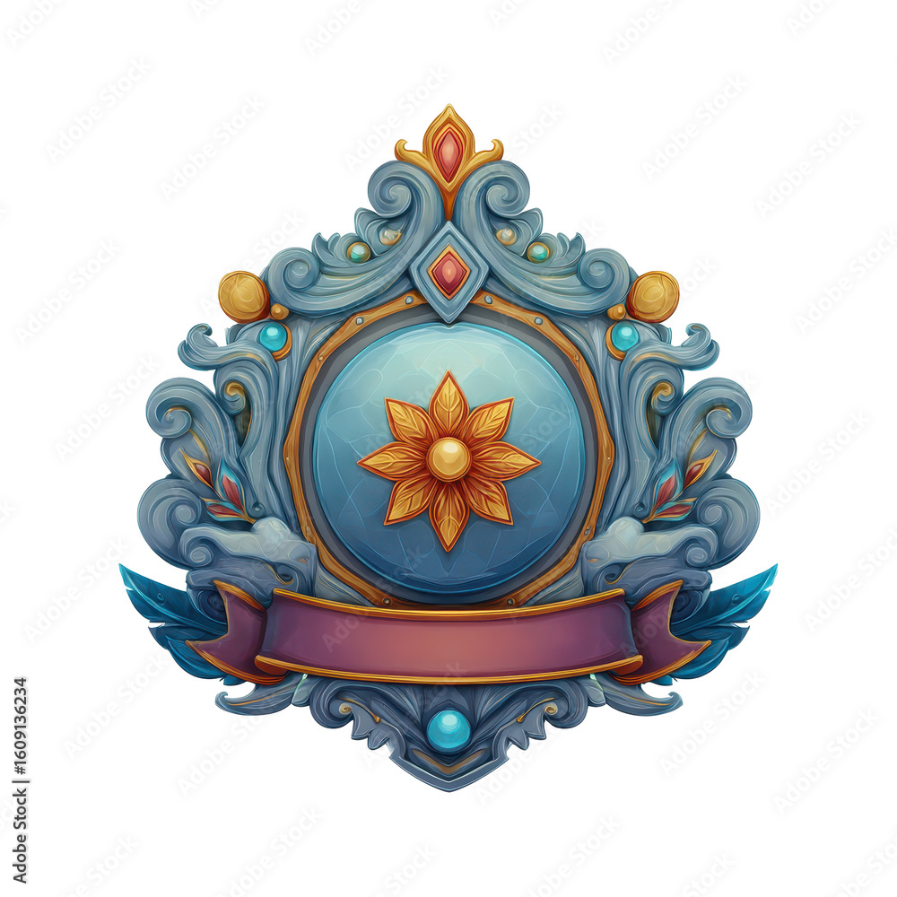 Poster colorful artistic badge design featuring intricate patterns and a central flower emblem