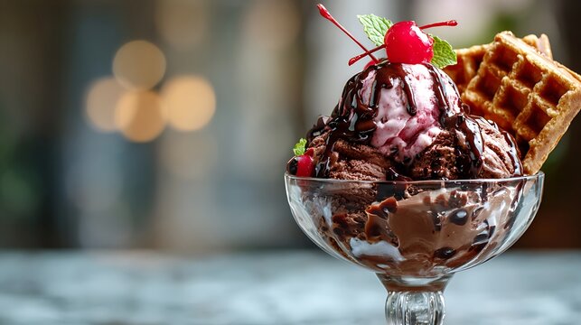 Chocolate ice cream sundae with waffles and rich sauce served in glass cup with soft light cbackground