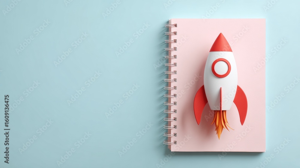 Aufkleber creative 3d paper rocket launching from an open notebook against a pastel background for inspiration