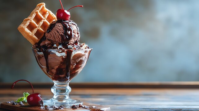 Chocolate ice cream sundae with waffles and rich sauce served in glass cup with soft light cbackground