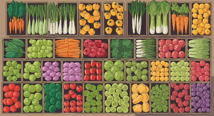 A colorful flat lay illustration of fresh farm produce arranged neatly in wooden crates.