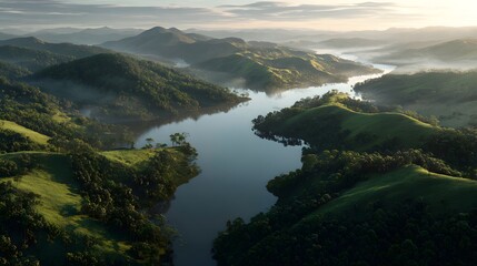 Drone view of winding lake sunrise snaking through lush green valley morning mist rising water surface sun casting long natural shadow across hilly terrain photo realistic detail enhanced depth