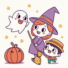 Cute Halloween Cartoon Illustration with Witch, Ghost, Pumpkin and Autumn Leaves &ndash; Kawaii Style for Kids