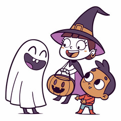 Cute Halloween Cartoon Illustration with Witch, Ghost, Pumpkin and Autumn Leaves – Kawaii Style for Kids