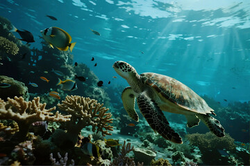 Underwater Paradise: An enchanting glimpse into an undersea realm, where a graceful sea turtle glides effortlessly amidst vibrant coral reefs and shimmering sunlight.