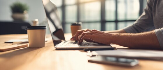 The focused individual typing on a laptop in a bright, modern workspace.