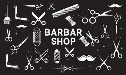 Barber Tools for Haircut black and white vector icon set