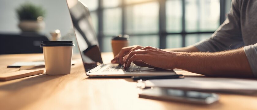 The focused individual typing on a laptop in a bright, modern workspace.