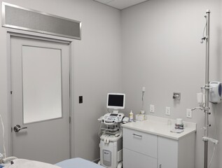 Modern medical examination room with diagnostic equipment and gray walls.
