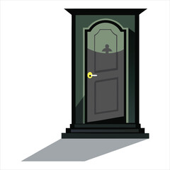 Dark green door with a male restroom symbol, casting a long shadow on the ground