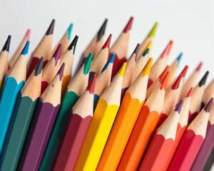Close-up macro photograph of sharpened multicolored colored pencil tips arranged tightly with vibrant pigments and soft lighting, showcasing texture and symmetry for creative and education visuals