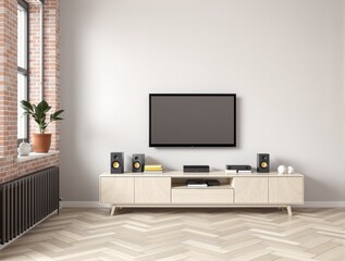 Modern living room features a wall- television and audio system.