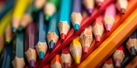 Obraz premium Close-up macro photograph of sharpened multicolored colored pencil tips arranged tightly with vibrant pigments and soft lighting, showcasing texture and symmetry for creative and education visuals