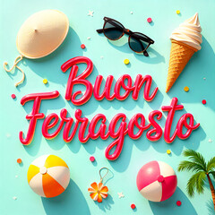 Buon Ferragosto Greeting with Summer Vacation Elements